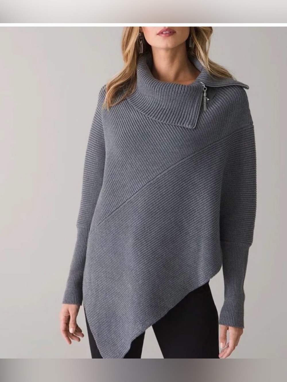 White House Black Market gray knit zip split neck poncho sweater -Xs/s